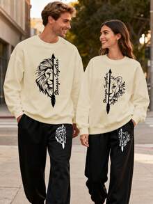 (2PC)VTUTOK Couple's Unisex Men's Printed Round Neck Sports Shirt And Pants Set, Street Style Long Sleeved Sports Shirt Top+Drawstring Waist Sports Pants Casual Set, Autumn And Winter Round Neck Sweatshirt And Pants Set,Lion - 男士-杏色 - 查看 1