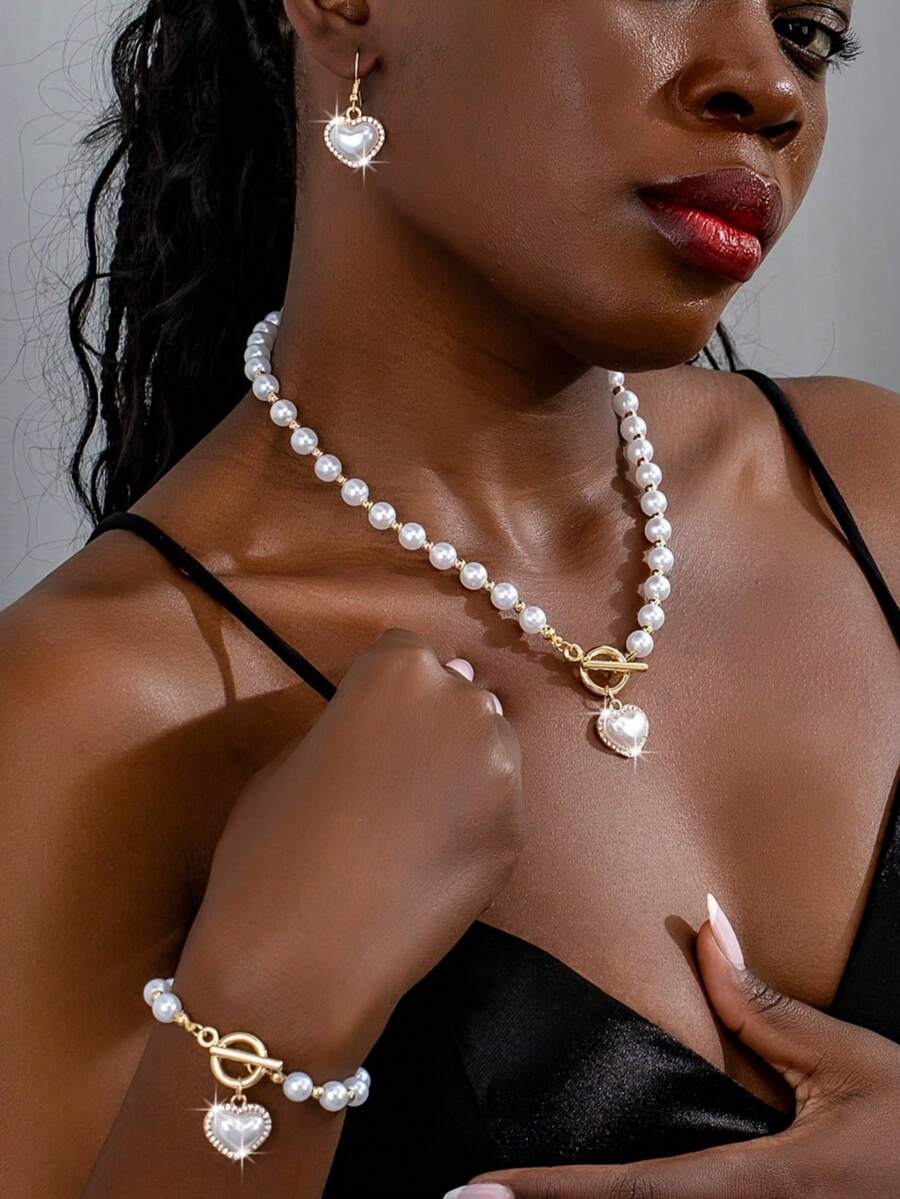 4pcs/Set Luxury Vintage Faux Pearl & Rhinestone Heart Bracelet, Necklace, Earrings Jewelry Set, Suitable For Men And Women, Exquisite Gift