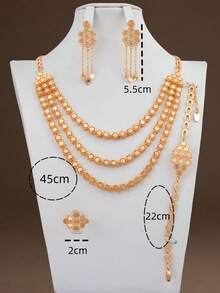 5pcs Multi-Layer Necklace Set, 18K Gold Plated Copper, Champagne Gold, Luxurious & Elegant Design, Jewelry For Formal Wear, Romantic & Fashionable Dubai Style, Suitable For Brides, Weddings, Valentine's Day, Anniversary, Gift For Her