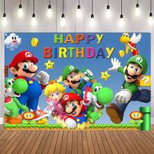 马里奥主题挂毯 - 生日主题背景，卡通人物图案 - 生日派对装饰、节日装饰、主题派对装饰、摄影棚道具 - 多种尺寸可选 - 彩色 - 查看 2