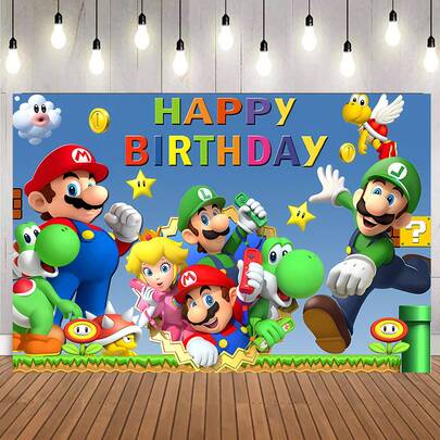 马里奥主题挂毯 - 生日主题背景，卡通人物图案 - 生日派对装饰、节日装饰、主题派对装饰、摄影棚道具 - 多种尺寸可选