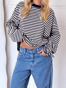 Striped Contrast Ribbed Long Sleeve Loose Women Tops