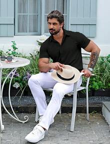 Men's Muscle Dress Shirts Slim Fit Stretch Short Sleeve Casual Button Down Shirts For Menhalloween - Hoa - Xanh navy - Xem 10