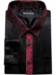 Mens Satin Silk Shirts Long Sleeve Designer Dress Shirt Shiny Untucked Casual Button Down Shirt Party Disco Formalhalloween - B 黑色 紅色 緞面 - 查看 5