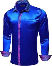 Mens Satin Silk Shirts Long Sleeve Designer Dress Shirt Shiny Untucked Casual Button Down Shirt Party Disco Formalhalloween - 緞面青藍色 - 查看 2