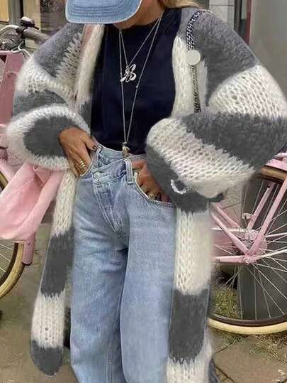 Women's Striped Knit Ribbed Cardigan, Casual Wear For Autumn/Winter