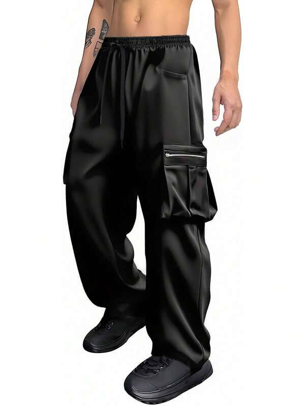 YINGHU Plus Size Men's Casual Sports Pants, Solid Color Zipper Pockets Loose Cargo Pants, Suitable For Outdoor Hiking Camping As Gift, Autumn/Winter