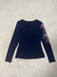 女式休闲复古印花长袖T恤，秋季 - 藍色 - 查看 3