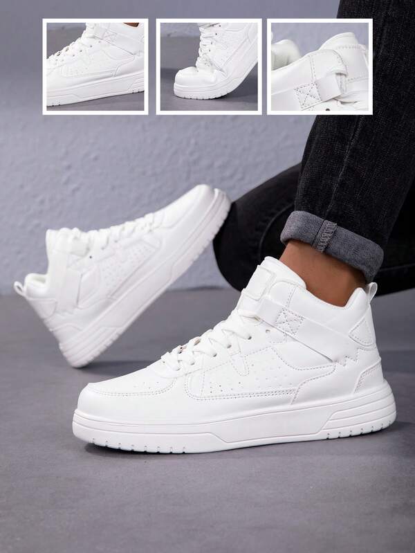 1 Paar Herren klassische weiße High-Top Schnür-PU Lässig Skaterschuhe, College-Stil Sneaker geeignet für alle Jahreszeiten Outdoor Reisen Fitness Gehen, vielseitiger Rundkopf minimalistischer Großformat Paar Sportschuhe Größe 35-46