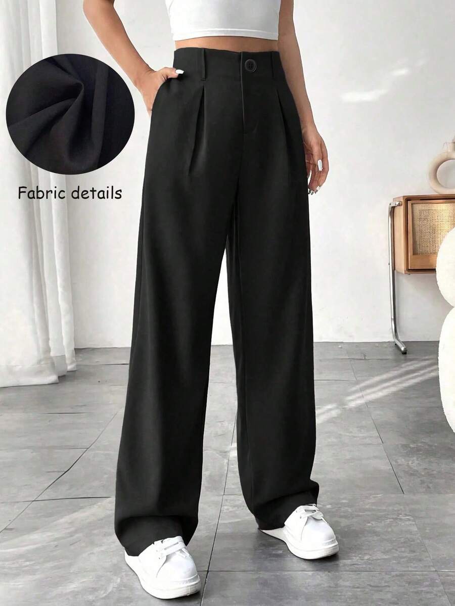 Pantalones de traje de cintura alta para mujer, pantalones anchos de color liso, pantalones de mujer, textura, simple, casual, de moda y versátil - Negro - Ver 1