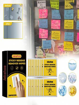 jakehoe 20pcs Adhesive Remover Wet Wipes, Household Window Glass Stain Cleaning Wipes, Residue-Free, Portable Cleaning Solution