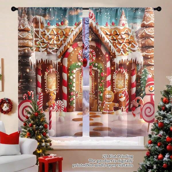 2pcs Christmas Gingerbread House Curtains - Festive Polyester Drapes, Easy To Hang With Pole Bag Design, Contemporary Style, Machine Washable - For Holiday Home Decor - Perfect Gift For Christmas
