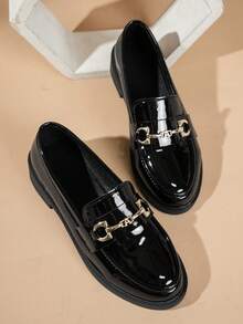 女士多功能休闲蝴蝶结装饰乐福鞋平底，镜面材质，复古优雅英伦风，舒适柔软牛津鞋，黑色、白色、棕色光泽，2025年春夏秋冬新款 - 黑色 - 查看 5