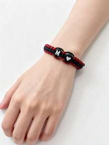 1pc Black Letter Heart Couple Bracelet, Handmade Woven Bracelet Representing Love, Adjustable Length, Gift For Mom, Sister, Daughter, Mother's Day, Christmas, Jewelry, Accessories