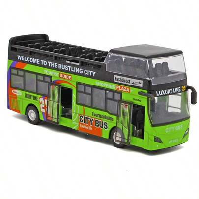 1pc Metal Casting Tourist Sightseeing Bus Model, Zinc Alloy Body, Durable, Suitable For Children 3+ Years Old, Toy Car, Boys Birthday Gift, Kids Toy Gift