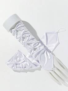 1 Pair White Pleated Mid-Length Gloves, Suitable For Weddings And Parties