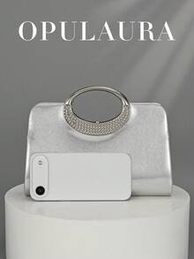OpulAura 女士时尚闪亮水晶水钻晚装手拿包，闪亮奢华钻石镶嵌礼服包，适合晚会、派对、生日、婚礼作为新娘手拿包 - 銀色 - 查看 5
