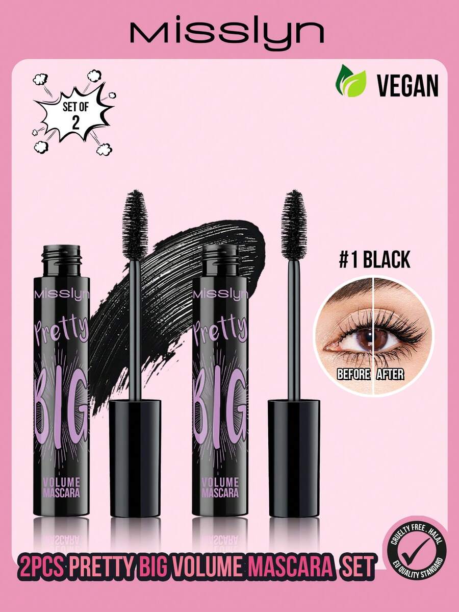 MISSLYN-2 件丰盈睫毛膏套装，丰盈睫毛膏，黑色丰盈纤长可水洗睫毛膏，超大浓密睫毛膏，可叠加和卸除配方，易于清洗和卸除，纤长丰盈，打造完美扇形效果，纯素、无麸质、无动物实验 - #1+#1 - 查看 1