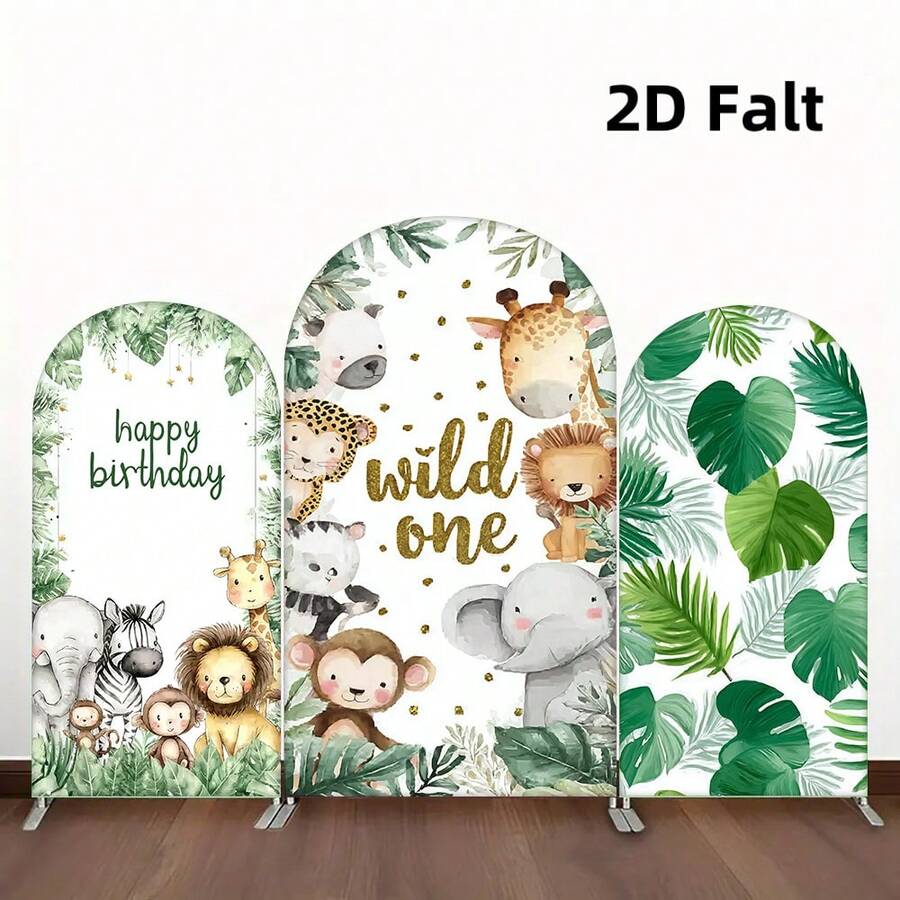 1pc/65pcs 2D Flat Animal Theme Wedding Arch Backdrop, Birthday Baby Shower Party Decor, Green Leaves Elastic Fabric Background (Stand Not Included) - Multicolor - View 1