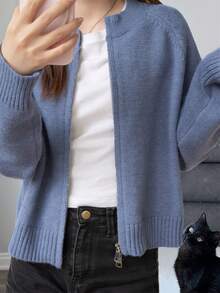 Warm Zip-Up Cardigan Sweater For Women, Autumn/Winter, Back To School Season - Misty Blue - View 5