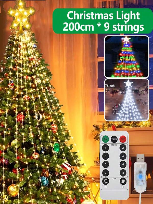 Luzes de Natal, 198 luzes de LED com enfeite de árvore em forma de estrela, 8 modos de luz para árvore de Natal ao ar livre à prova d'água para festas de ano novo, quintal, jardim, decoração de árvore de Natal para casa (198/180 LED)