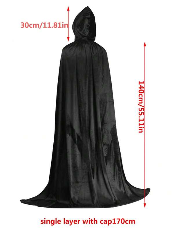 1pc Unisex Adult Black Hooded Cloak Robe For Halloween Party Performance, Witch, Vampire, Elf Costume Cosplay, Suitable For Various Festivals And Parties, 1.7m Long Velvet Fabric Cloak