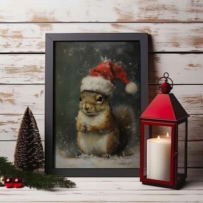 1pc Cute Christmas Squirrel In Santa Hat Canvas Art Print, Vintage Farmhouse Woodland Holiday Artwork, Rustic Christmas Wall Art Poster, Festive Seasonal Home Decor For Living Room Decor, Bedroom Decor, Dining Room, Office Decor, House Decor, Room Decor, Wall Decor, Posters, Christmas Decorations For Home, Cozy Winter Cottagecore Christmas Decor Unframed
