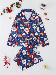 2 件套女孩和青少年休闲卡通圣诞老人印花翻领长袖开衫和裤子睡衣套装，阻燃，适合所有季节和圣诞节