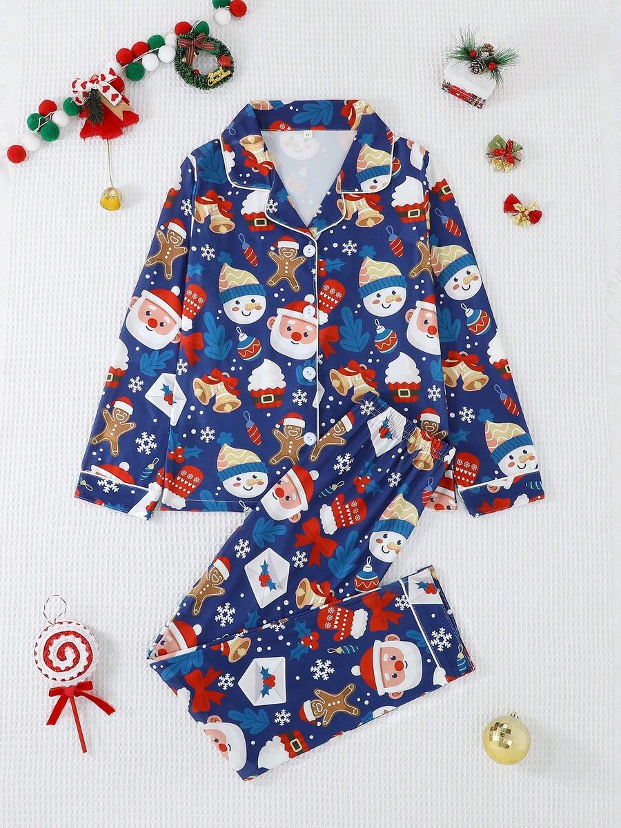 2 件套女孩和青少年休闲卡通圣诞老人印花翻领长袖开衫和裤子睡衣套装，阻燃，适合所有季节和圣诞节
