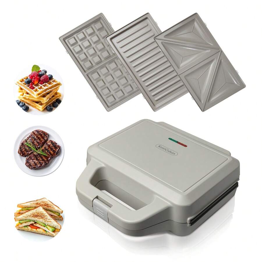 KotiCidsin KotiCidsin Multifunktions-Waffeleisen, Croque Monsieur, Grill- und Waffeleisen 3 in 1, 750 W, Grau