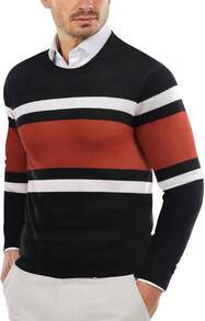 Men's Crew Neck Sweater Slim Fit Lightweight Sweatshirts Knitted Pullover For Casual Or Dressy Wear - 黑色/鐵鏽紅色 - 查看 7