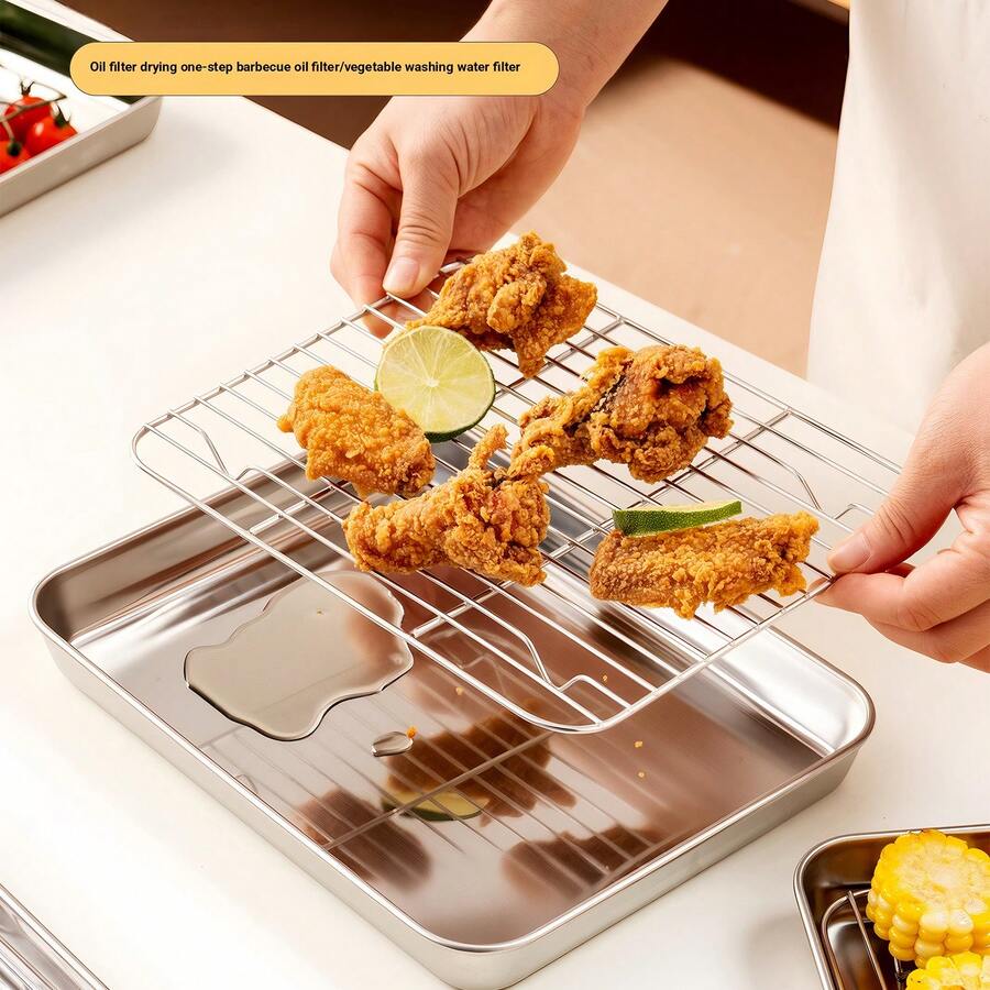 Stainless Steel Drip Tray, Rectangular Baking Tray, Roasting Tray, Frying Tray, Bread & Cake Plate Stainless Steel Square Drip Tray With Rack, Outdoor Picnic Camping Skewer Prep Tray Japanese-Style Stainless Steel Cooking Prep Plate, Food Storage Tray - Multicolor - View 1