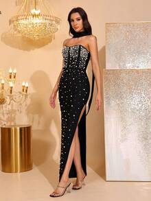 Elegant Beaded Decor Strapless High Slit Bridesmaid Dress, Bandage Dress For Holiday Party - Black - View 6