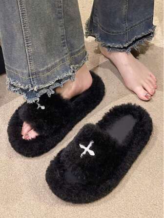 New Soft & Fluffy Black Plush Slippers, Cross Decor Design, Cozy & Chic Home Slippers For Autumn/Winter