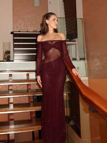 Spring New Sexy Hot Diamond Slim Mesh Dress - 酒紅色 - 查看 3