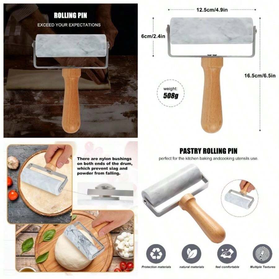 Rodillo de repostera de mrmol con superficie lisa, antiadherente y verstil, con de madera de haya y acero inoxidable, para hornear galletas, pizza, tartas y ms - (Textura 1) - Ver 1