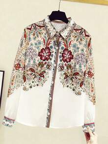 Women's Elegant Digital Placement Print Long Sleeve Blouse, Suitable For Casual Commuting Wear, Halloween, Christmas