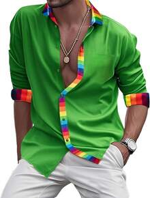 Mens Satin Silk Shirts Long Sleeve Designer Dress Shirt Shiny Untucked Casual Button Down Shirt Party Disco Formalhalloween - Cầu vồng xanh - Xem 3