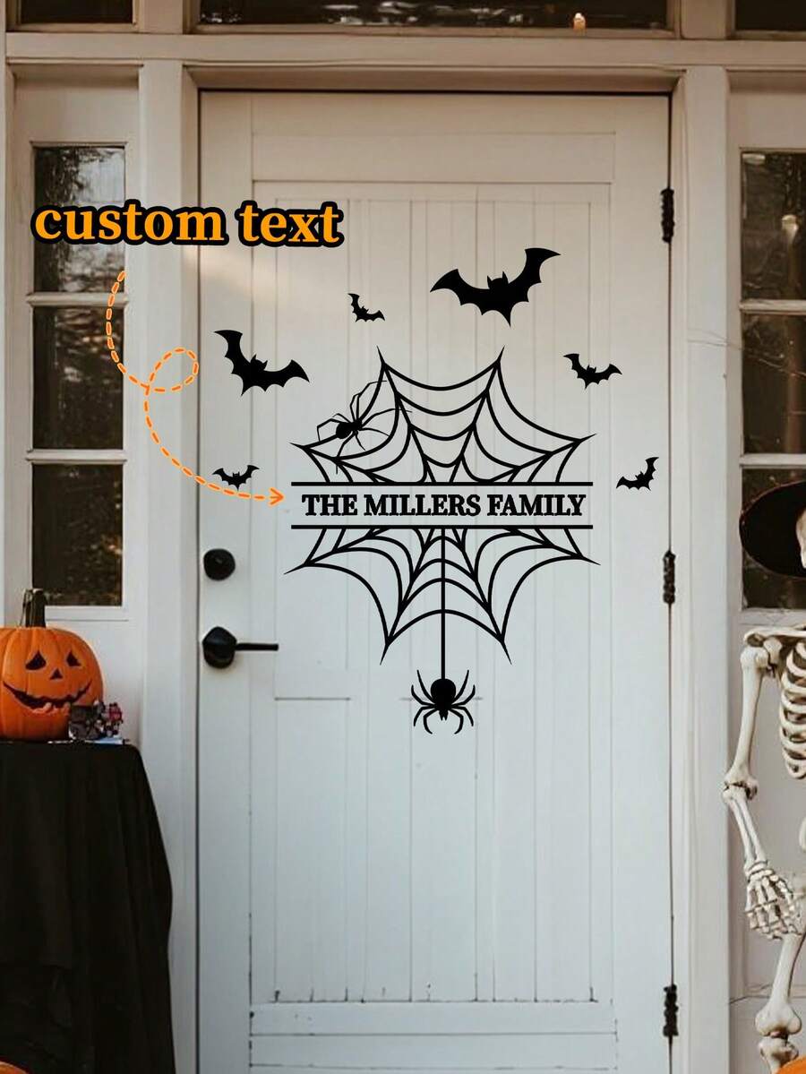 Custom Halloween Door Decal, Personalized Family Name Spider Web Sticker With Bats & Spiders, Halloween Front Door Decor, Spooky Vinyl Transfer Decal, Haunted House Porch Decoration, Gothic Fall Home Decor, Trick Or Treat Sign - Multicolor - View 1