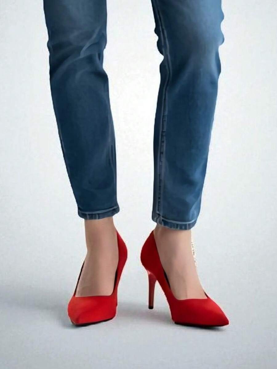 Einfarbige elegante Pendler-High-Heels aus PU-Leder, geeignet für Urlaub, Hochzeit, Party, Büro, alle Jahreszeiten - Rot - Übersicht 1