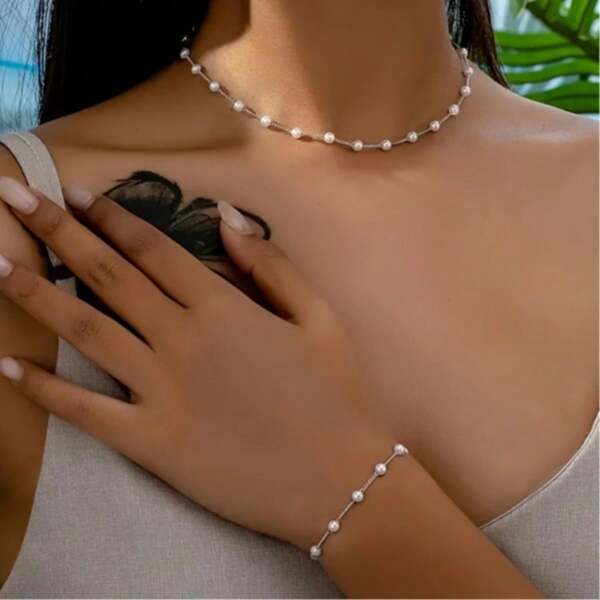 1 Necklace + 1 Bracelet For Women With Imitation Pearls, Suitable For Daily Gatherings, Valentine's Day Gifts, Mother's Day Gifts, And Gifts For Family Members