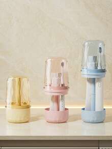 Multi-Function Plastic Toothbrush And Rinse Cup Holder Set - Freestanding, Non-Electric, Dust-Proof Bathroom Storage Rack With Adjustable Holder And Inverted Cup Design, Suitable For Home And Dorm Use