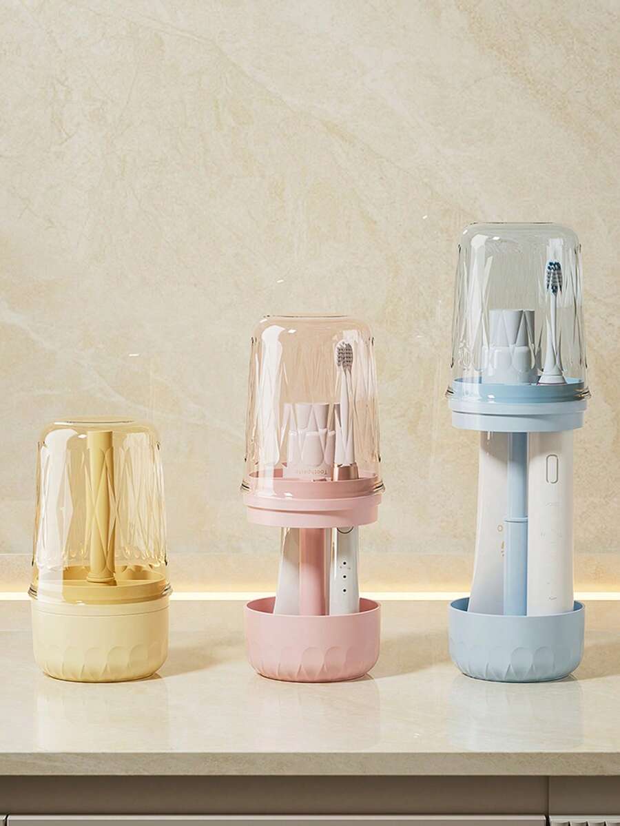 Multi-Function Plastic Toothbrush And Rinse Cup Holder Set - Freestanding, Non-Electric, Dust-Proof Bathroom Storage Rack With Adjustable Holder And Inverted Cup Design, Suitable For Home And Dorm Use