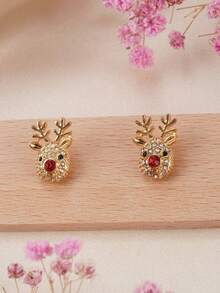 1 Pair Cute Fashionable Delicate Small Golden Christmas Reindeer Rhinestone Stud Earrings, Versatile For Casual, Party, Daily Wear, Great Christmas Gift For Friends And Classmates