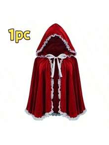 Red & Burgundy Halloween Velvet Cloak, Short Ruched Lace Trim Hooded Cape