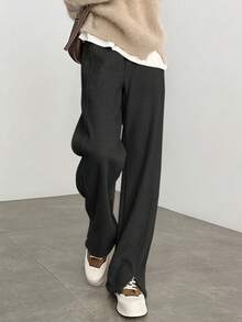 Plus Size Women's Warm Lining Wide Leg Split Pants, Versatile Casual Straight Leg Trousers, Suitable For Autumn/Winter Season, Autumn Women's Clothing - Black - View 6