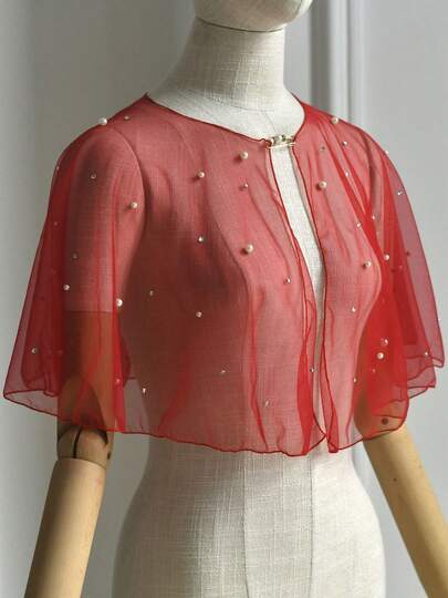 1 件红色短款新娘披肩，带珍珠装饰，袖套礼服配饰，节日/万圣节闪亮礼物