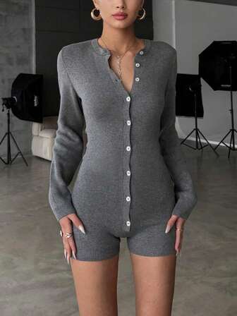 休闲街头学院风圆领前开襟罗纹针织连体裤，秋冬新款，女士连体裤