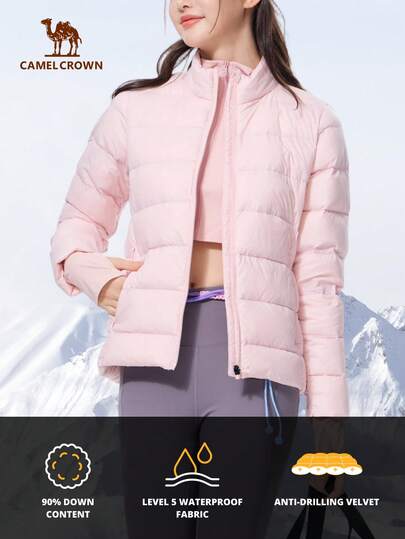 CAMEL CROWN Chaqueta de plumón para exteriores, abrigo de plumón ligero con cuello alto y costillas para hombres y mujeres, chaqueta de ocio con forro de plumón cálido