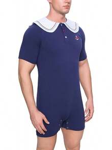 Men's Cotton  Sailor Collar Bodysuit Short Sleeve Print Romper Pajama - Captainhalloween - 藏蓝色 - 查看 4